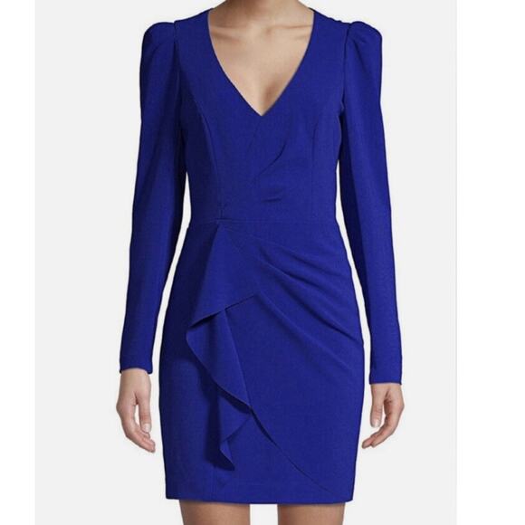 Parker Black Label Clinton Cobalt Blue Ruffle Fitted Sheath Mini Dress Size 2 - Picture 2 of 11